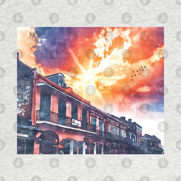 Colorful New Orleans French Quarter Watercolor Sunset by Little Shop of Nola